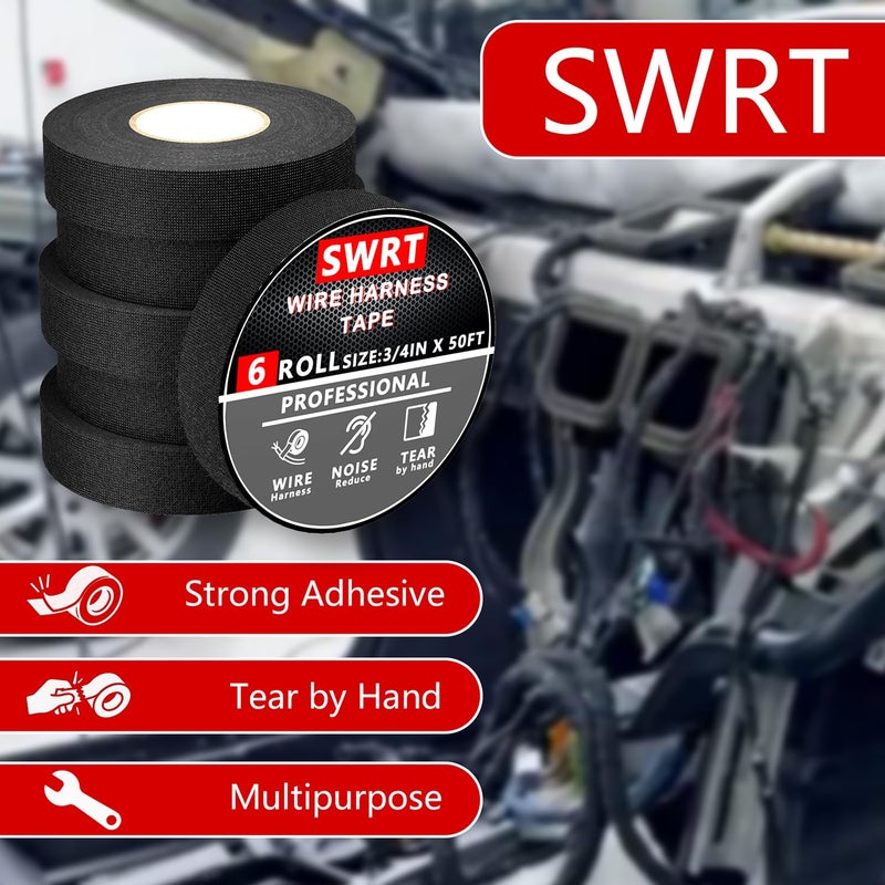 SWRT Wire Harness Tape, 3/4 Inch × 50 Feet, 6 Packs (300 Feet Total), Self-Adhesive Black Cloth Electrical Tape for Automotive Use, High Temperature Resistance Felt Tape. - Image 2